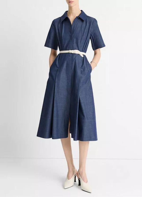VINCE COTTON BLEND DENIM SHIRT DRESS